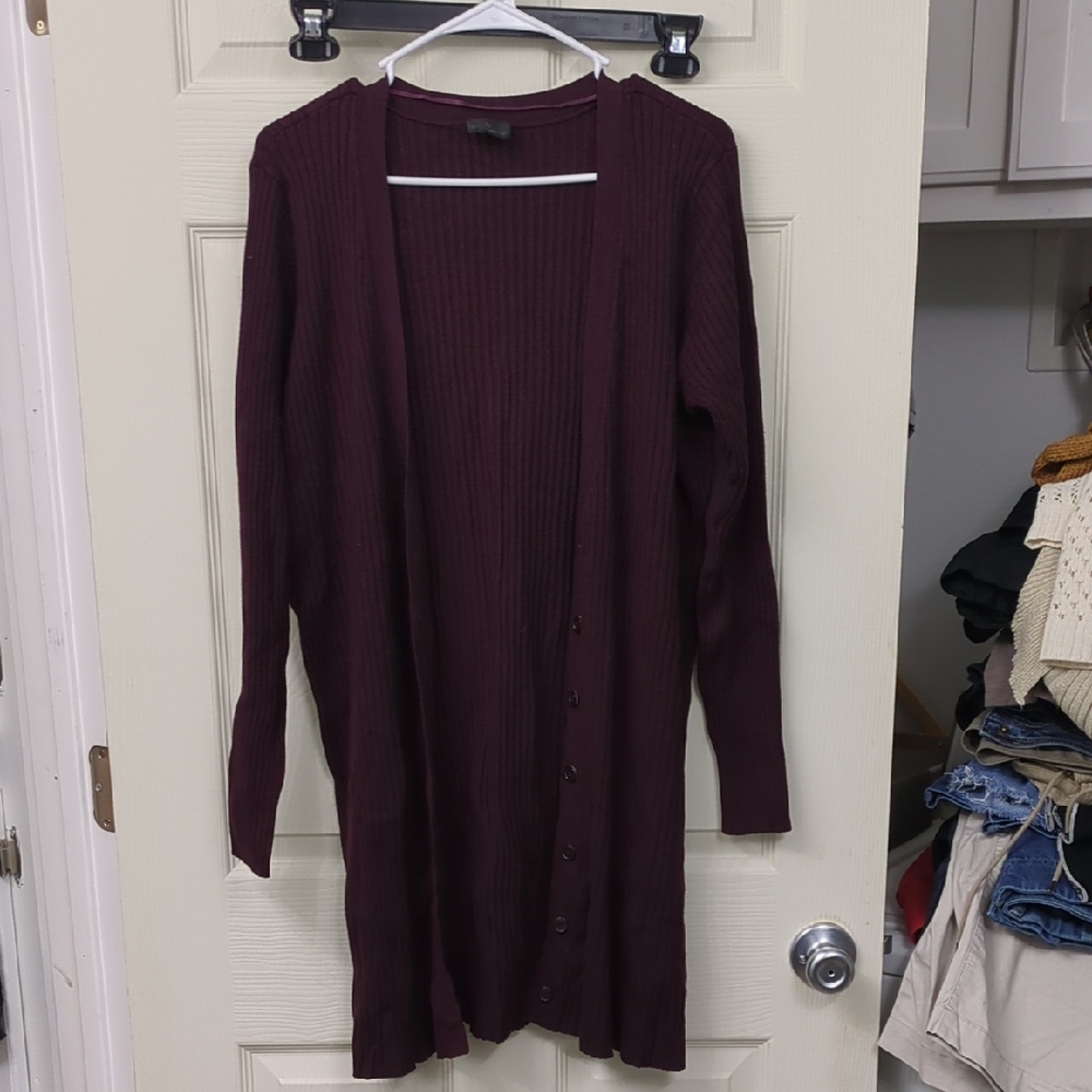 Worthington Long Ribbed Open Cardigan - Plum